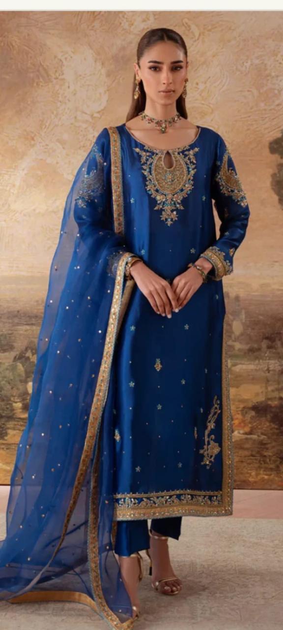 buy blue shisha silk suit with heavy hand work dupatta dabka moti kardan sequins wedding dress
