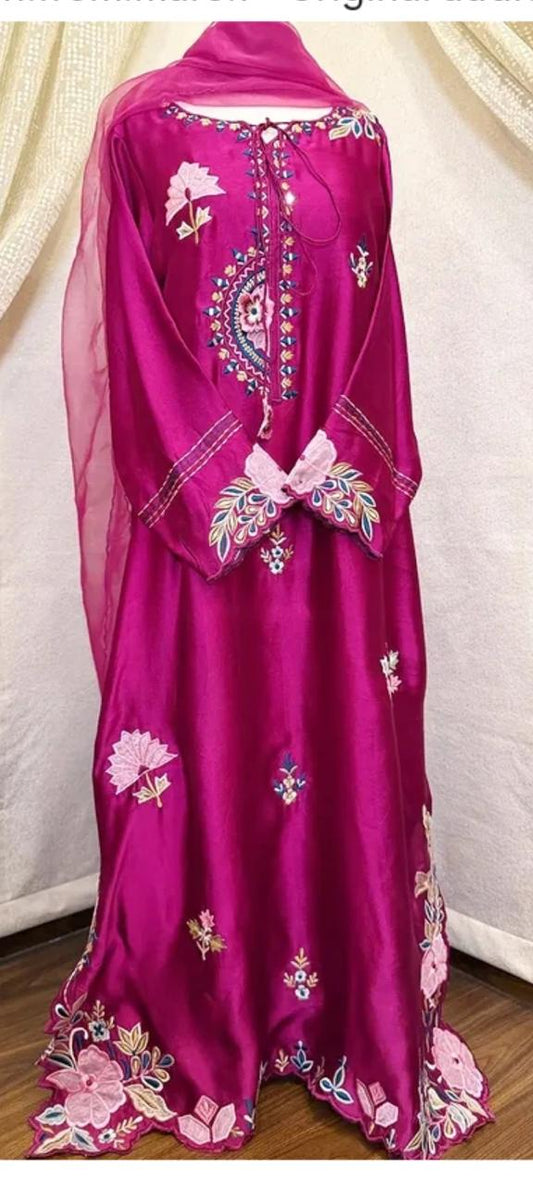 Shocking Pink Shisha Silk 3 Piece Suit with Organza Dupatta | SJ-115