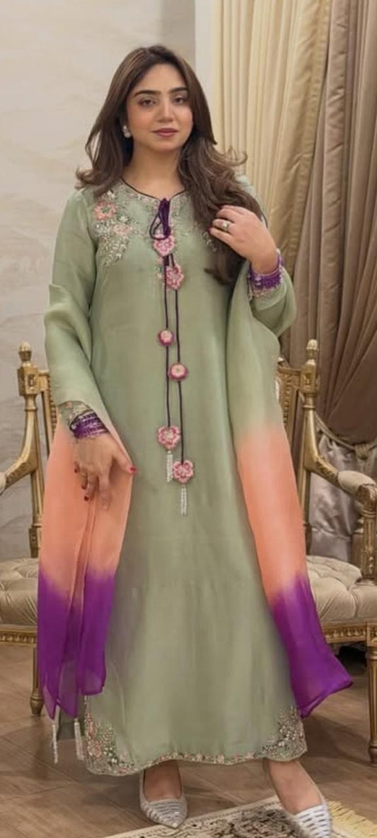 Korean Raw Silk 3 Piece Suit with Long Shirt & Organza Dupatta | SJ-116