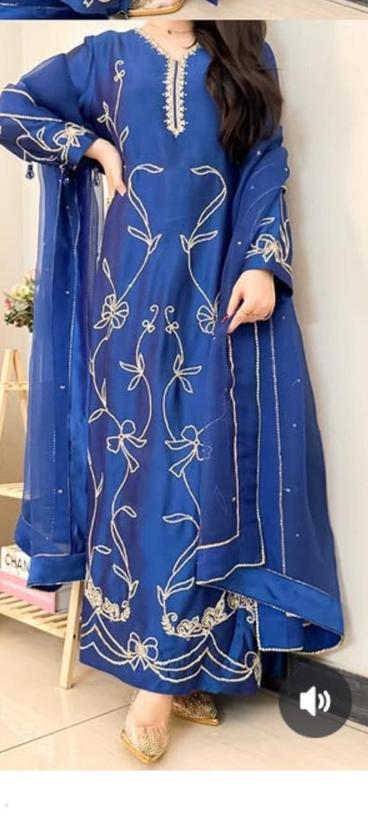Raw Silk 3 Piece Suit with Organza Dupatta | SJ-117