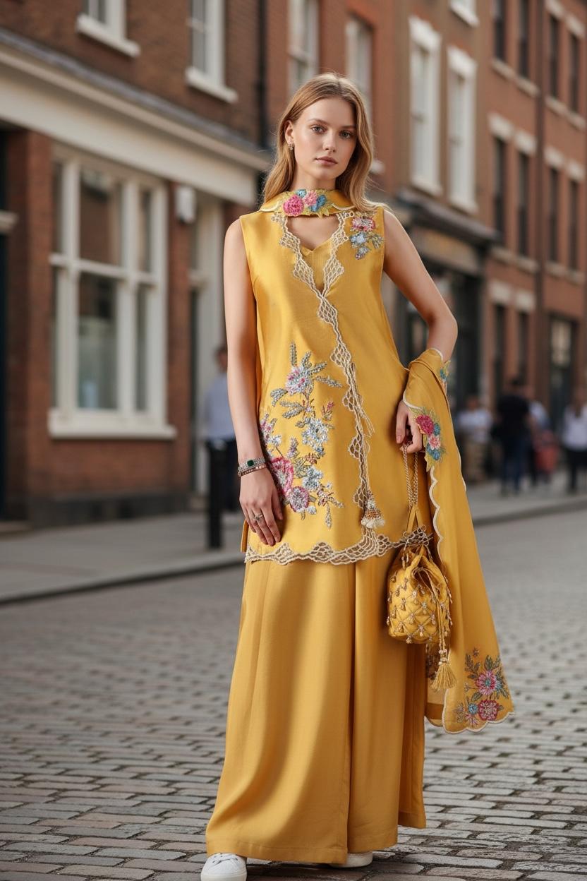 Elegant Yellow Sesha Silk 3 Piece Suit with Short Shirt & Silk Dupatta – Reta Work, Mirror & Stone Embellished Festive Wear | SJ120
