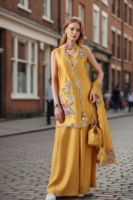Elegant Yellow Sesha Silk 3 Piece Suit with Short Shirt & Silk Dupatta – Reta Work, Mirror & Stone Embellished Festive Wear | SJ120