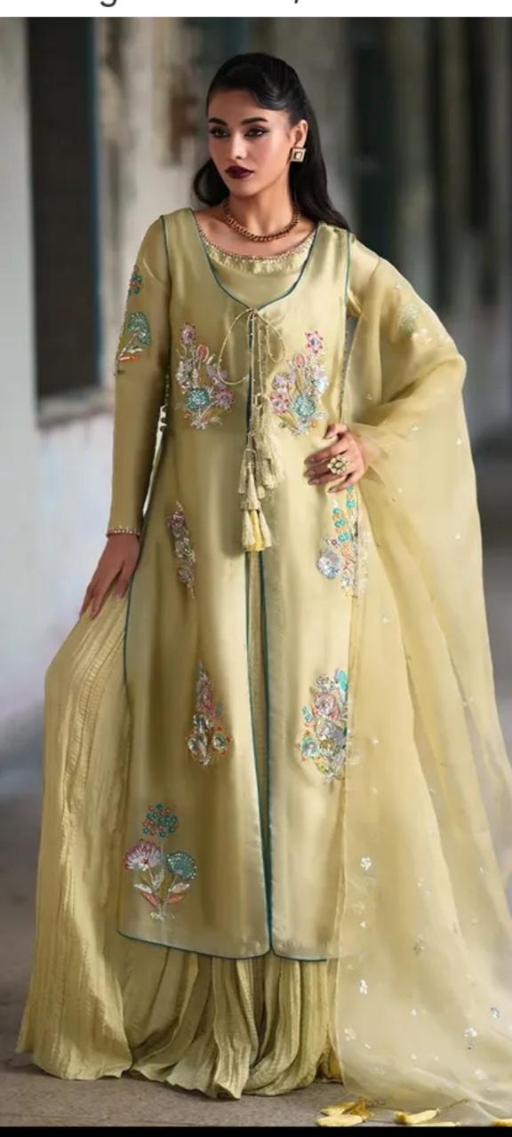 Luxury Korean Raw Silk 3 Piece Suit with Crushed Palazzo & Organza Dupatta – Sequins, Cutdana & Resham Work | SJ-121