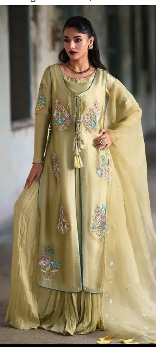 Luxury Korean Raw Silk 3 Piece Suit with Crushed Palazzo & Organza Dupatta – Sequins, Cutdana & Resham Work | SJ-121