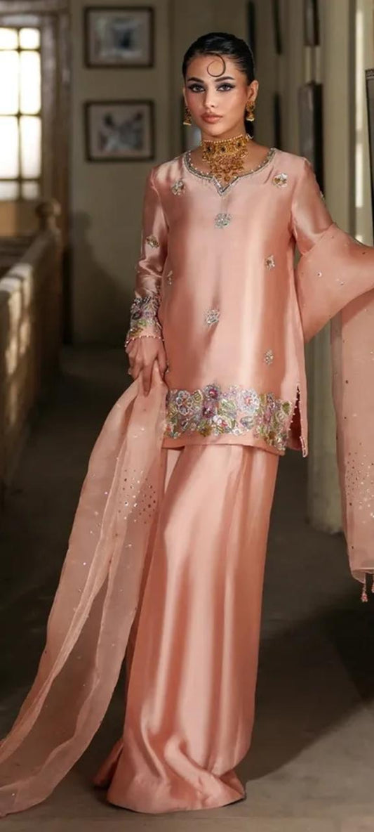 Luxury Pure Silk 3 Piece Suit with Palazzo & Organza Dupatta – Cutdana, Sequins & Pearl Hand Work | SJ122