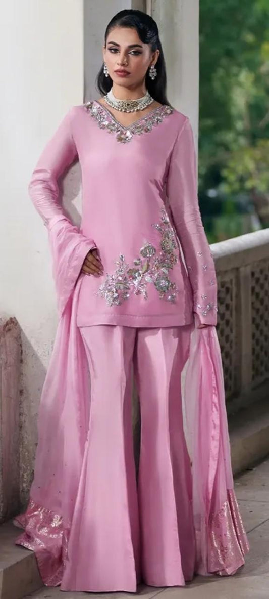 Elegant Pink Pure Raw Silk 3 Piece Suit with Short Shirt, Palazzo & Silk Dupatta – Resham, Sequins, Pearls & Cutdana Work | SJ-123
