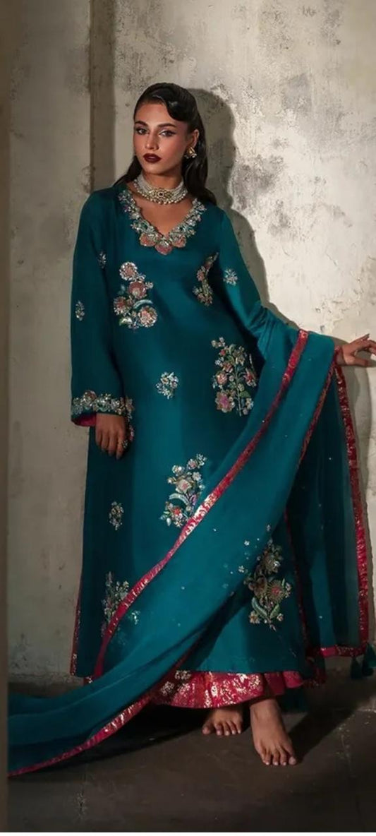 Green Shisha Silk 3 Piece Frock with Palazzo & Chiffon Dupatta | SJ-124
