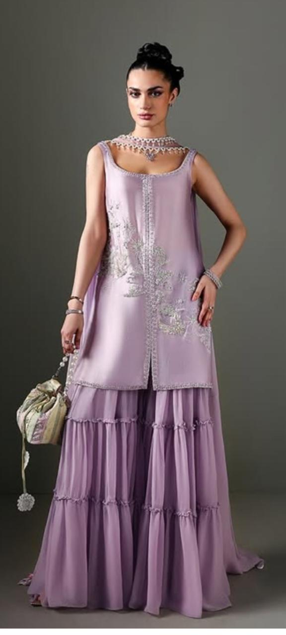 Silk 3 Piece Sharara Suit with Resham, Sequins & Cutdana Work | SJ-125
