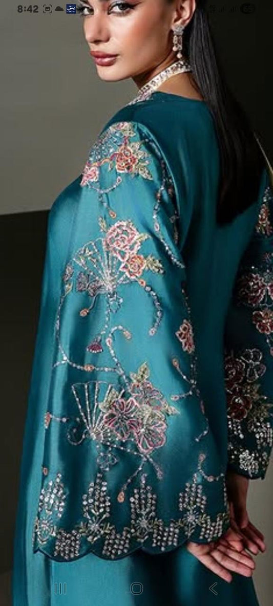 Green Shisha Silk 3 Piece Suit with Heavy Sleeves Work | SJ-126