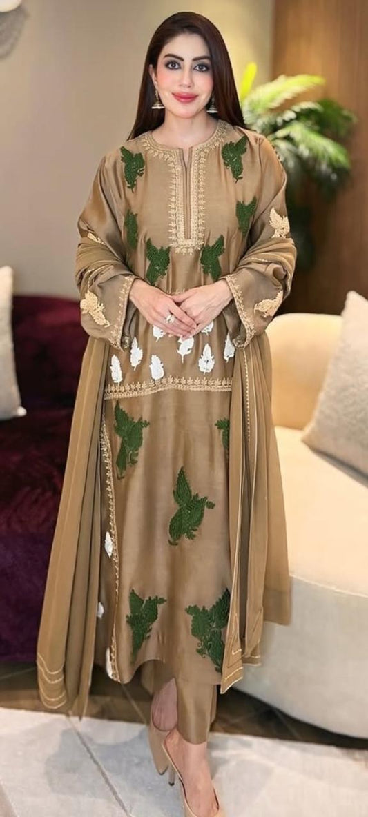 Raw Silk 3 Piece Long Shirt with Chiffon Dupatta | SJ-127