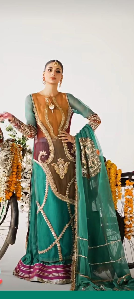 Multi Green Organza 3 Piece Long Shirt with Crush Sharara & Organza Dupatta – Gota, Dabka & Saroxy Work | SJ-144