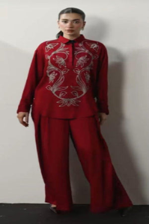 Red Korean Raw Silk Shirt & Palazzo Set – Stone & Cutdana Work | SJ-143