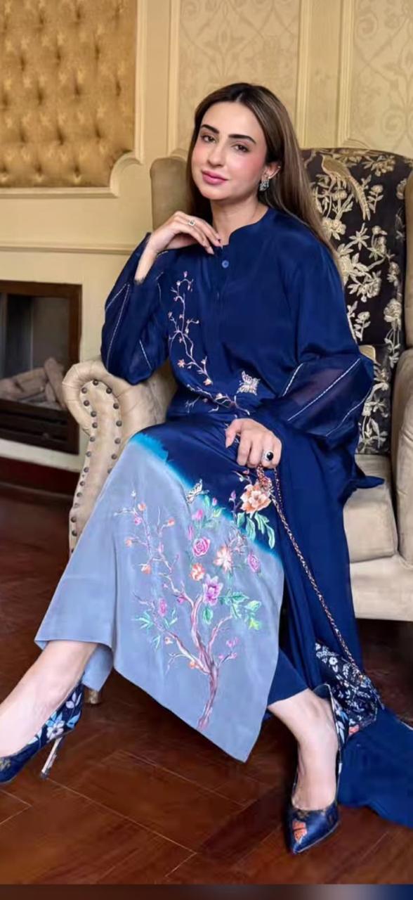 Double Shade Blue Velvet 3 Piece Long Shirt Suit with Organza Dupatta – Reta Work | SJ-142