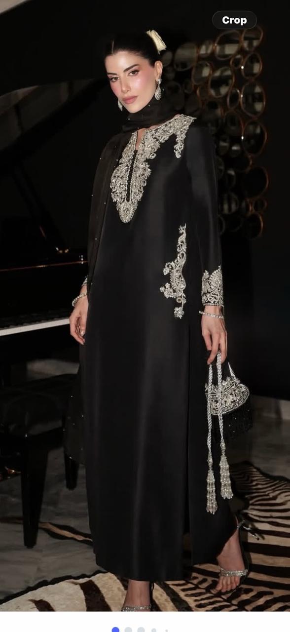 Pure Black Sesha Silk 3 Piece Long Shirt with Organza Dupatta – Dabka, Sequence & Cutdana Work | SJ-141