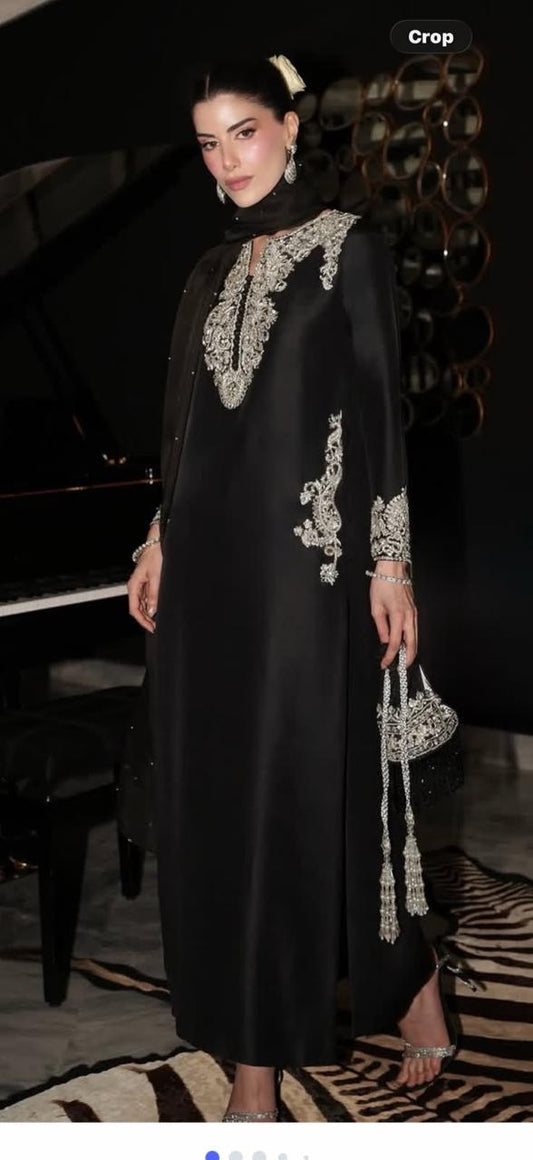 Pure Black Sesha Silk 3 Piece Long Shirt with Organza Dupatta – Dabka, Sequence & Cutdana Work | SJ-141