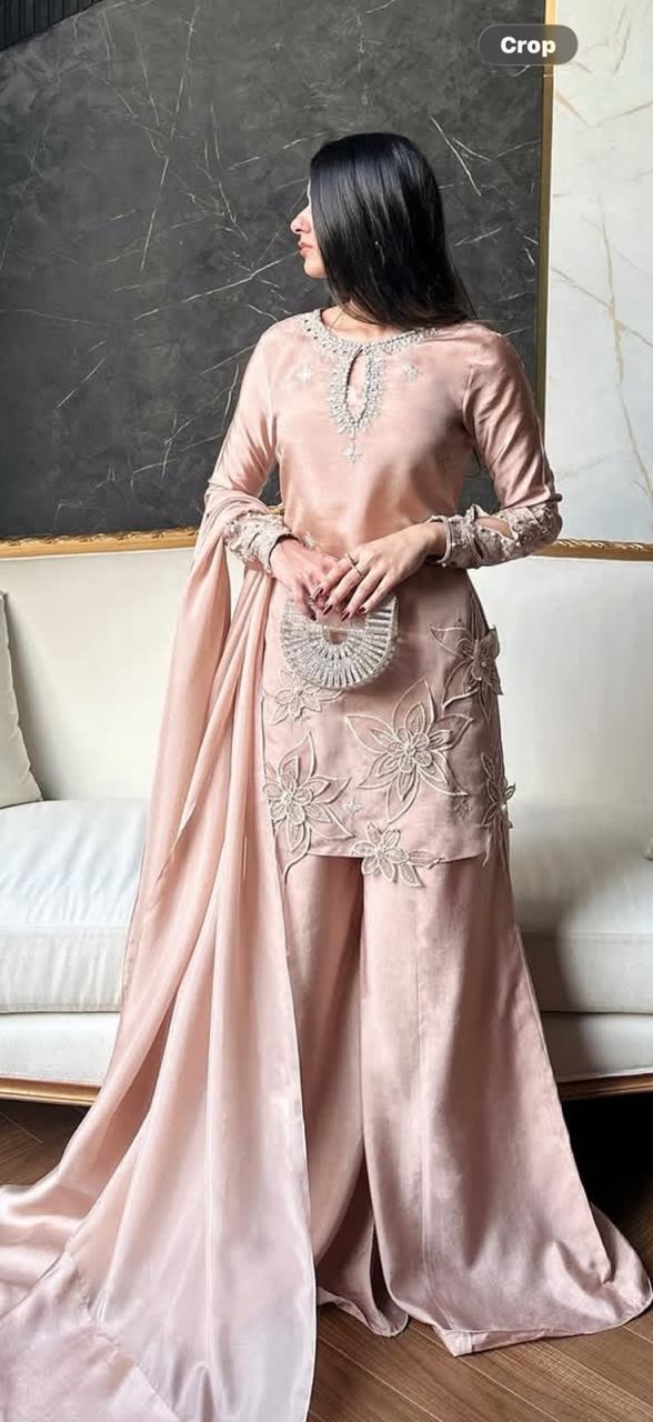 Blush Pink Sesha Silk 3 Piece Short Shirt with Sharara – Applique, Reta, Pearl, Dabka & Sequence Work | SJ-140