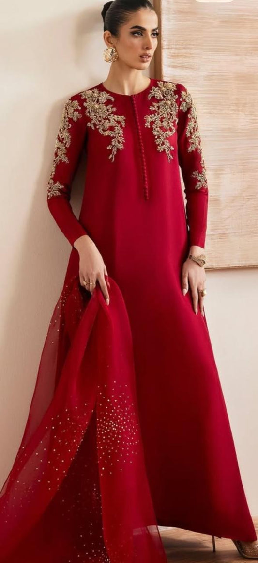 Red Silk 3 Piece A-Line Long Shirt Suit with Organza Dupatta – Dabka, Sequence, Resham, Cutdana & Stone Work | SJ-137