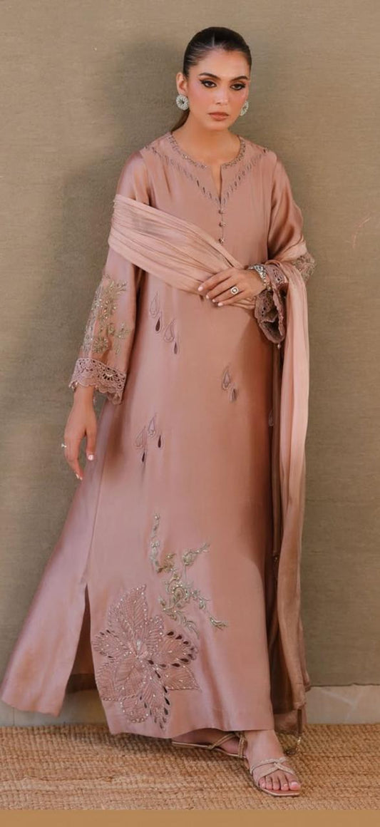 Tea Pink Raw Silk 3 Piece Long Shirt Suit with Crush Dupatta – Reta & Cutwork with Stones | SJ-136