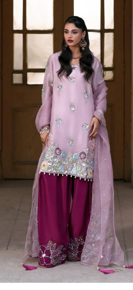 Mauve Sesha Silk 3 Piece Short Shirt with Farshi Shalwar & Organza Dupatta – Resham, Cutdana, Sequence, Dabka & Stone Work | SJ-135