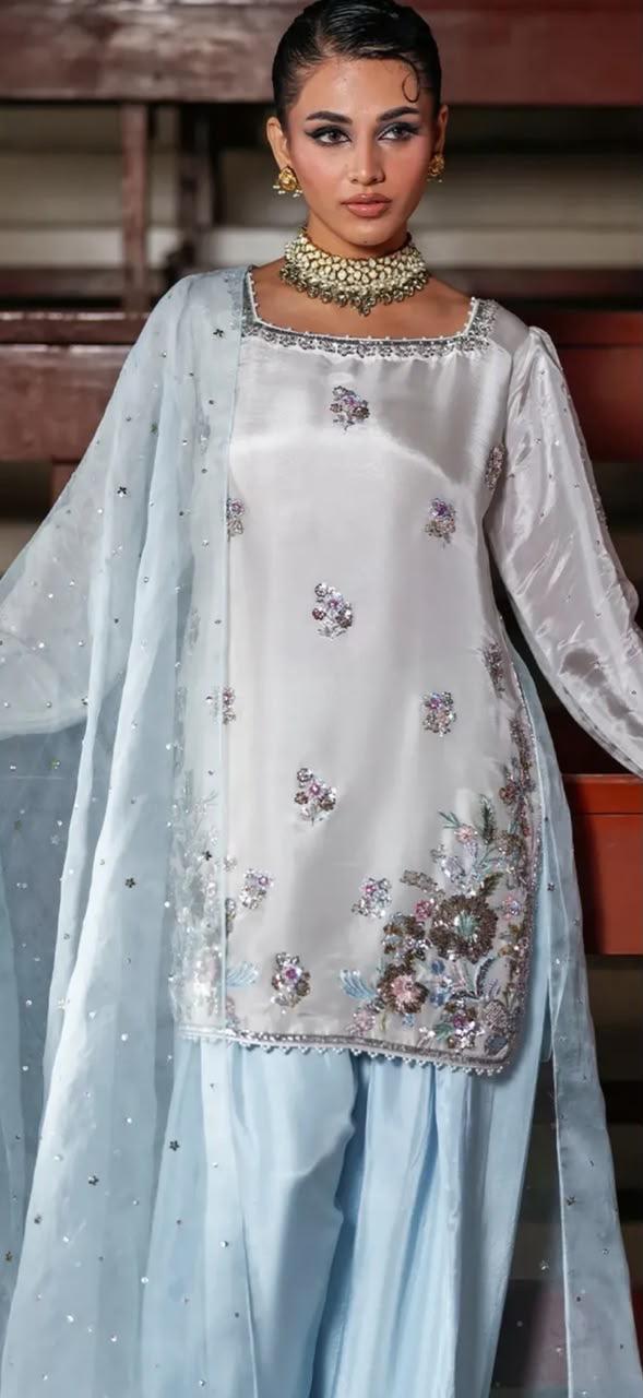 Ice Blue Silk 3 Piece Short Shirt with Farshi Shalwar & Organza Dupatta – Resham, Dabka, Cutdana & Sequence Work | SJ-132
