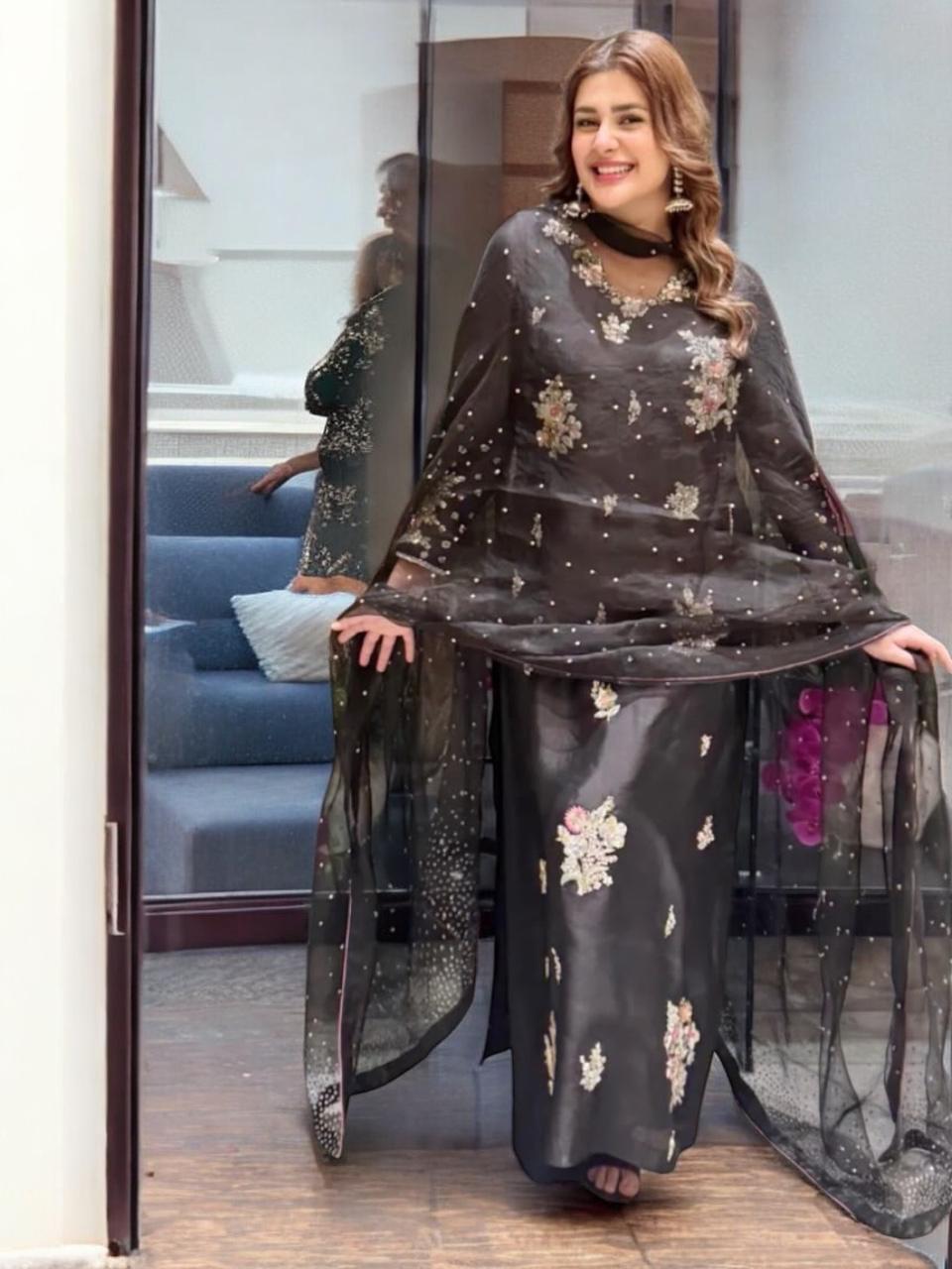 Black Sesha Silk 3 Piece Long Shirt with Organza Dupatta – Saroxy & Resham Work | SJ-131