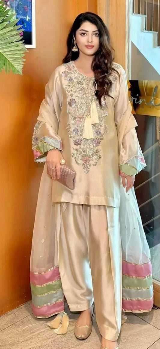 Beige Sesha Silk 3 Piece Short Shirt with Shalwar & Organza Dupatta – Cutdana, Sequence, Resham & Stone Work | SJ-130
