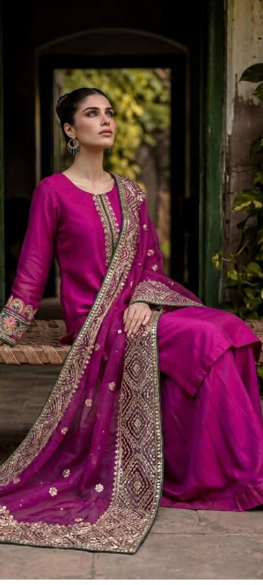Purple Shisha Silk 3 Piece Suit with Sharara & Organza Dupatta – Gota & Reta Work | SJ-129