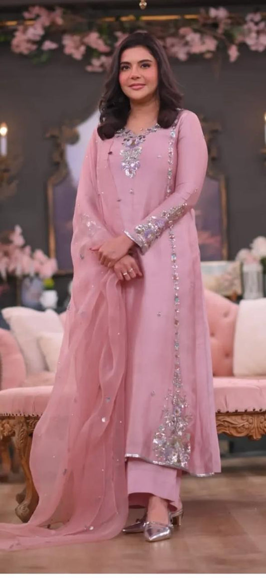 Pink Korean Raw Silk 3 Piece Frock with Organza Dupatta – Sequence, Dabka, Resham & Stone Work | SJ-128