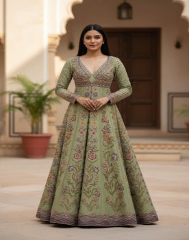 green-raw-silk brigal-frock-resham-dabka-pearl and stone
-work