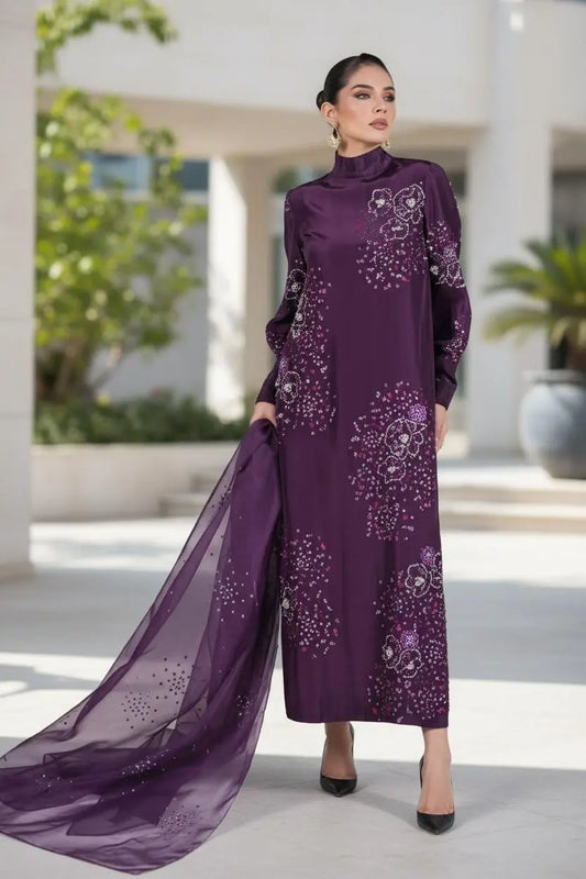Party Wear 3-Piece Sheesha Silk Suit with Organza Dupatta & Stone Work
