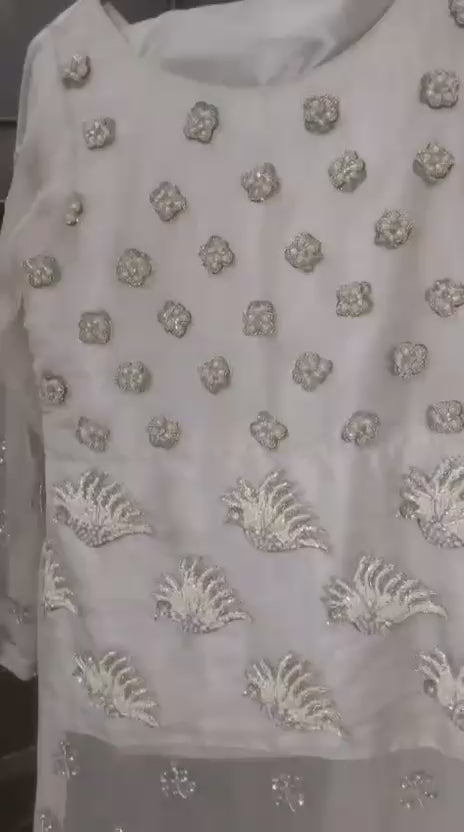 Three-Piece Sheesha Silk Party Wear Suit – Handmade Embroidery