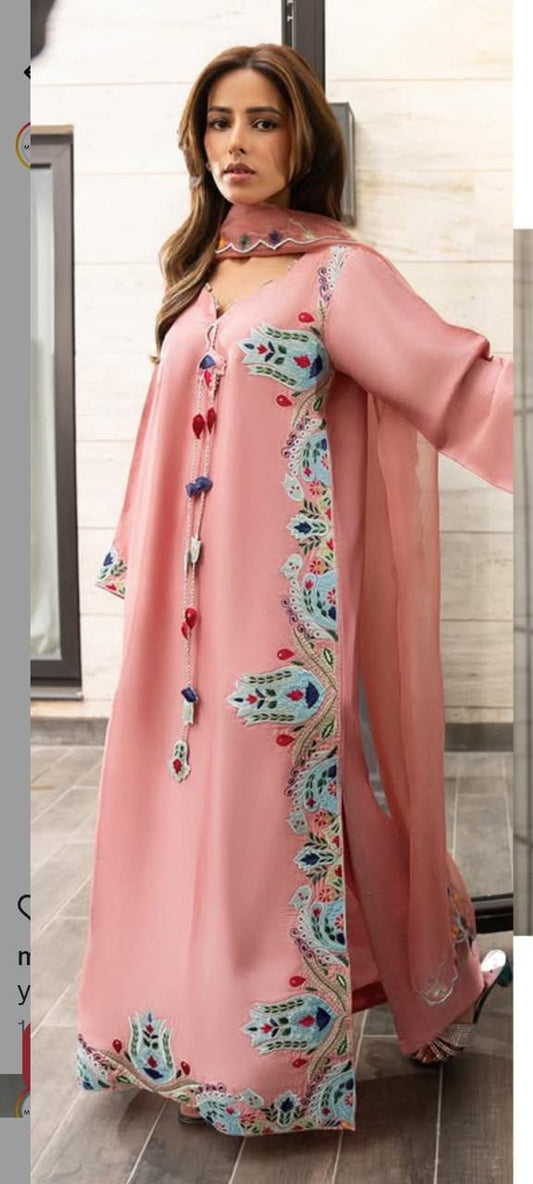 silk long shirt suit with organza dupatta reta and applique work for women
