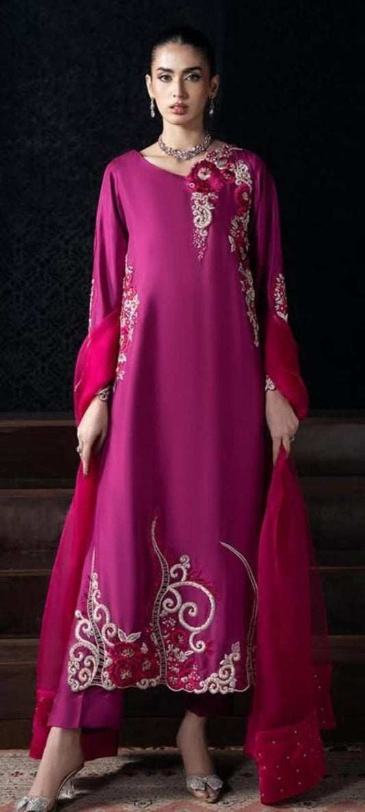 korean raw silk suit with organza dupatta reta and pearl work for women
