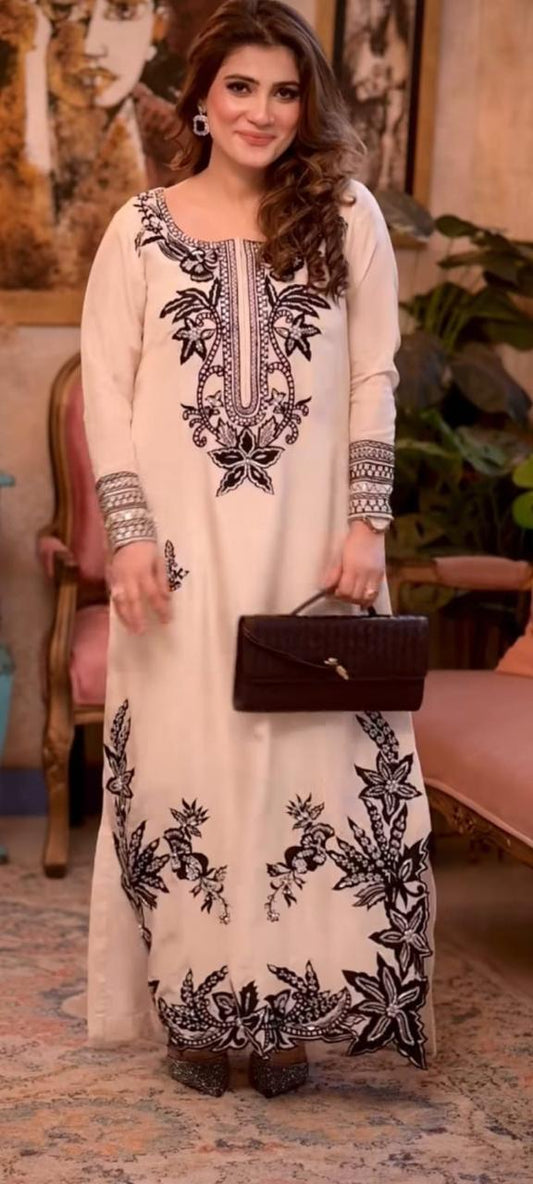 korean raw silk kaftan with elegant reta work one piece dress for women
