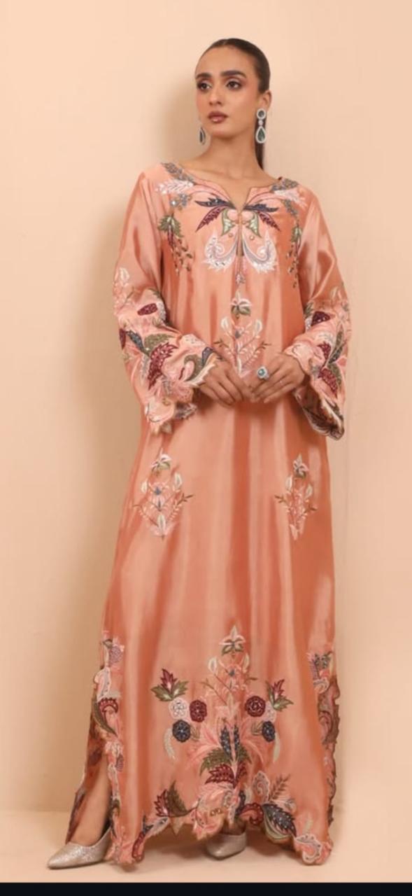 shisha silk kaftan with mirror and dabka work stylish party wear for women
