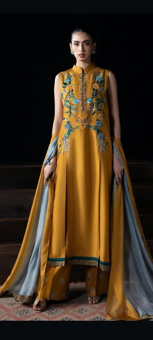 raw silk 3 piece suit with double shaded dupatta and reta work for women
