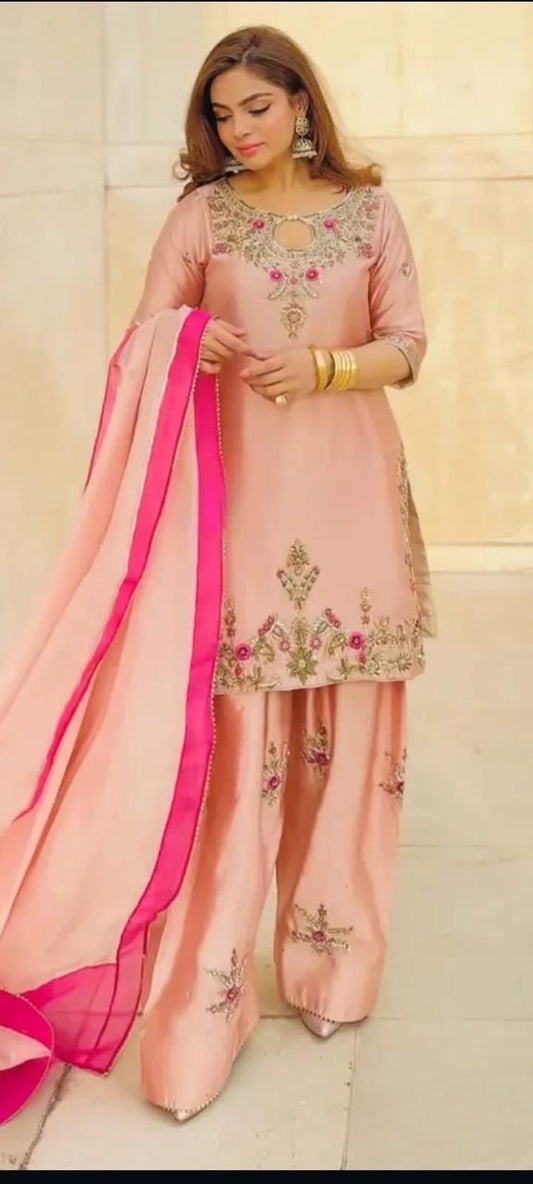 silk 3 piece suit with short shirt printed shalwar and silk dupatta for women
