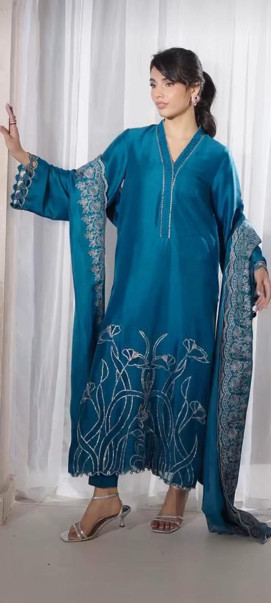 shisha silk crepe suit with hand painted dupatta applique cutdana and dabka work for women
