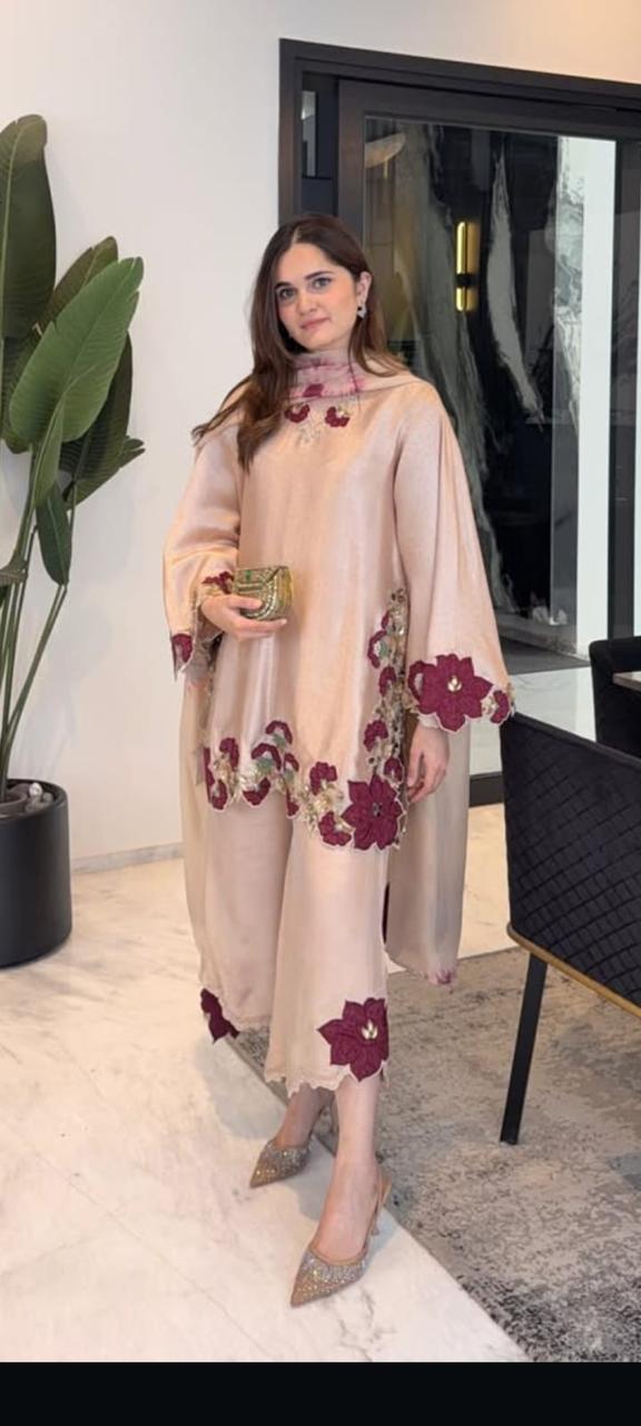 korean raw silk 3 piece suit with silk dupatta applique cutdana stone and sequins work

