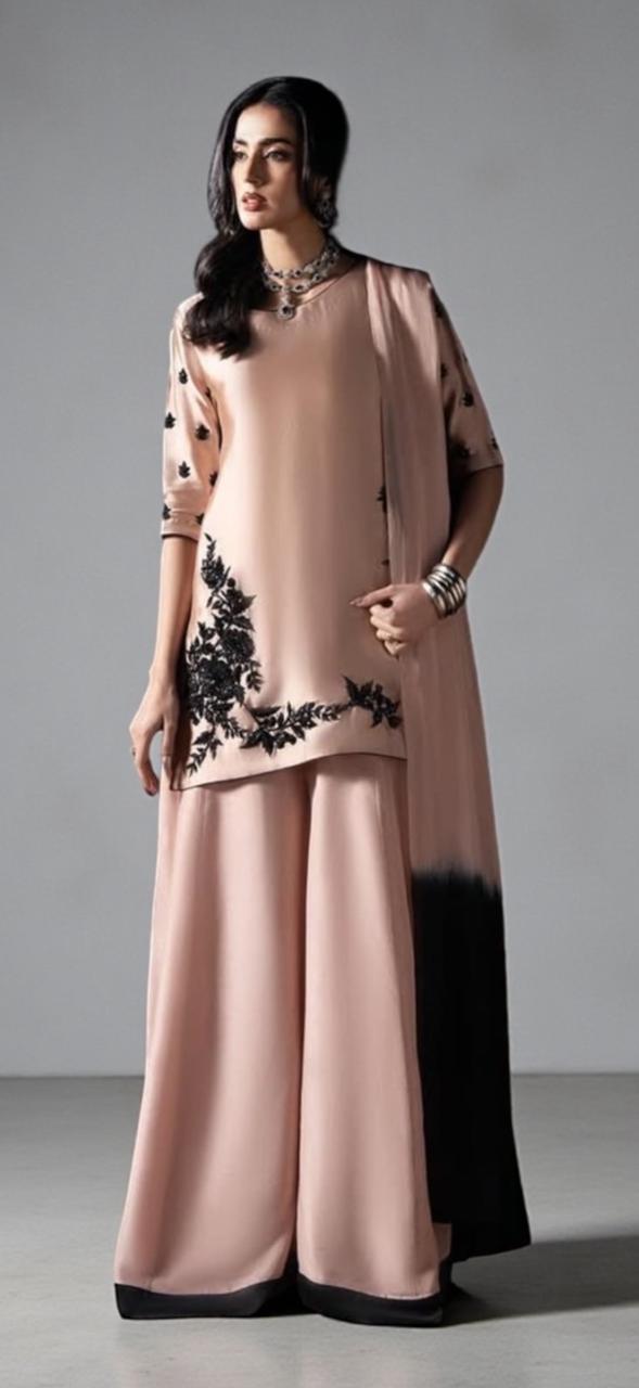 silk crepe suit with plazo and silk dupatta reta sequins and cutdana work for women

