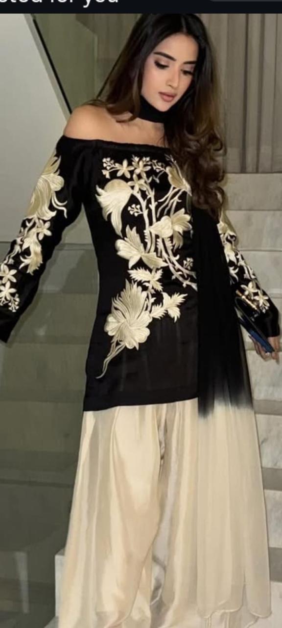 korean raw silk 3 piece suit with farshi shalwar chiffon dupatta and reta work for women
