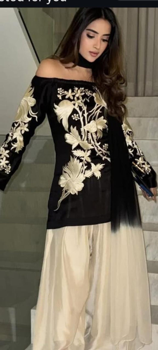 korean raw silk 3 piece suit with farshi shalwar chiffon dupatta and reta work for women
