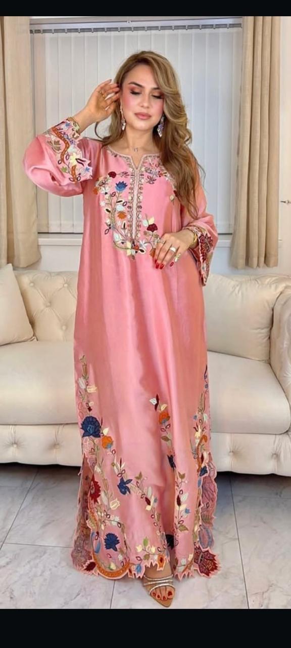 shisha silk kaftan with full reta work elegant one piece dress for women
