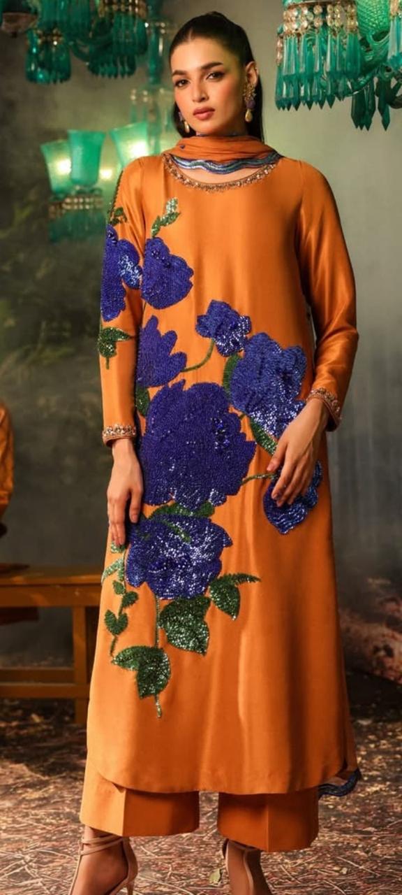 silk crepe suit with dupatta featuring sequins hand work for women
