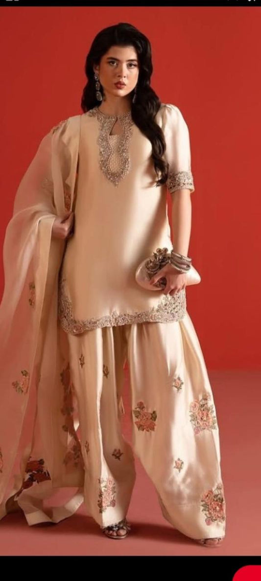 shisha silk 3 piece suit with farshi shalwar and hand painted dupatta for women

