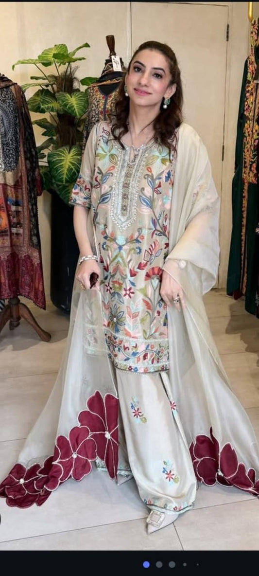 korean raw silk 3 piece suit with applique cutdana stone and sequins work for women

