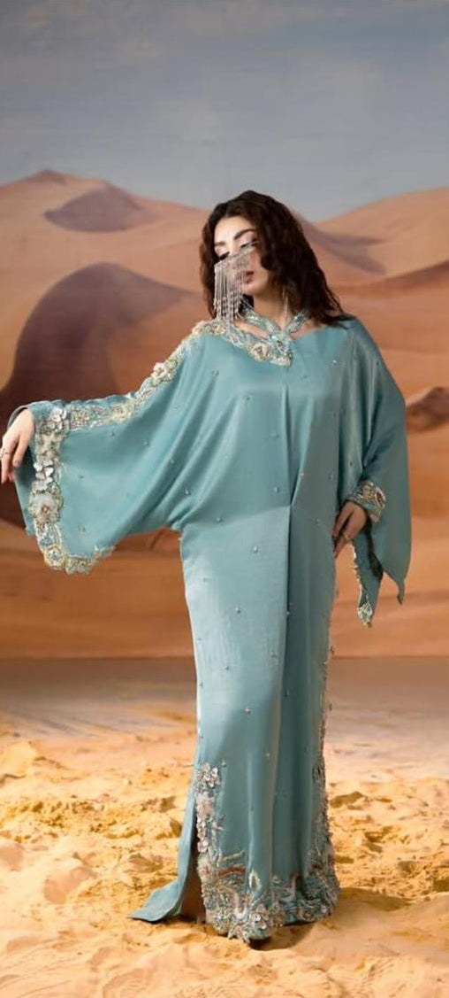 premium korean raw silk kaftan with elegant 3d embellishment work for women
