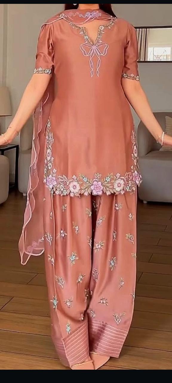 raw silk short shirt suit with organza dupatta and reta work for women

