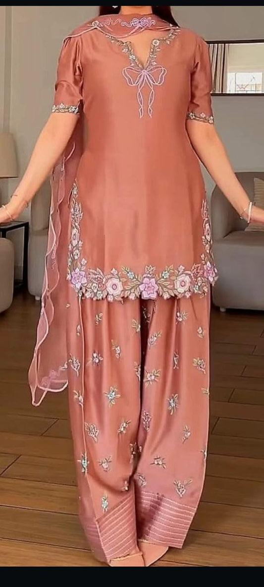 raw silk short shirt suit with organza dupatta and reta work for women
