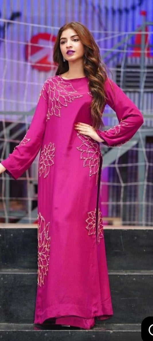 elegant raw silk long shirt suit with reta and stone work for women
